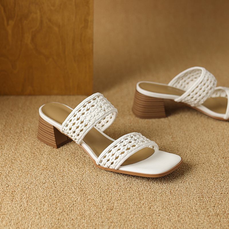 Krazing Pot Klapki z naturalnej skóry z odkrytymi palcami na średnim obcasie, buty letnie, dekoracja pleciona w stylu rzymskim, sandały damskie