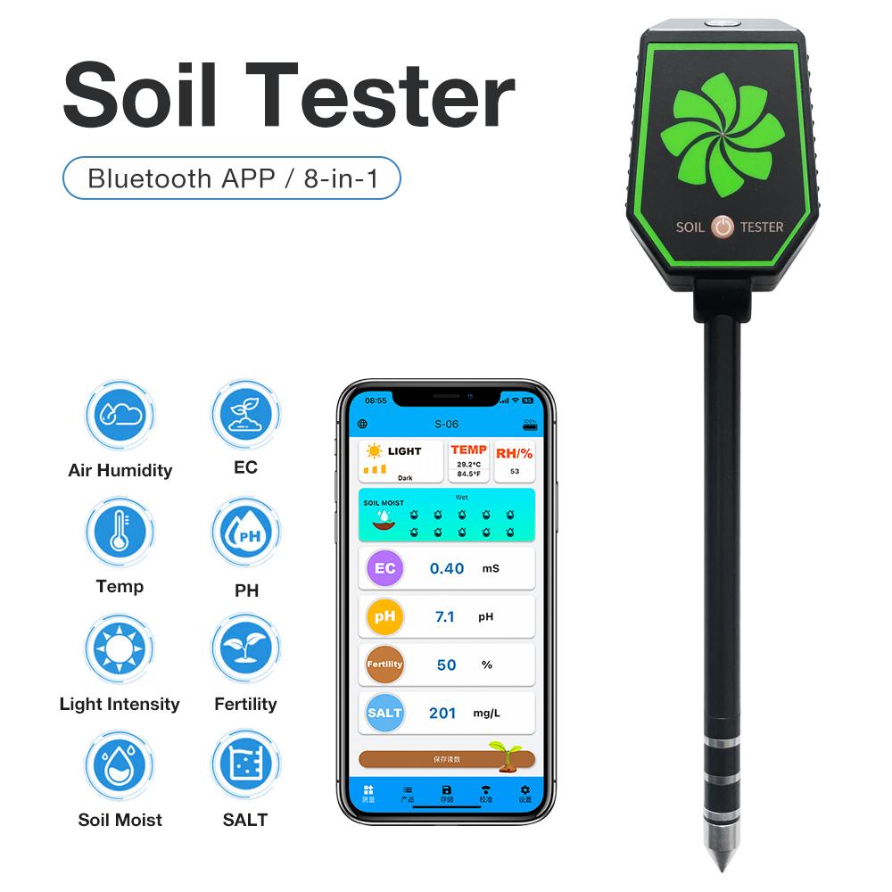 Bluetooth 8 in 1 Multifunctional Soil PH EC Meter Farm Garden Salt Fertility Moisture Test Humidity Detector Sunlight Monitor