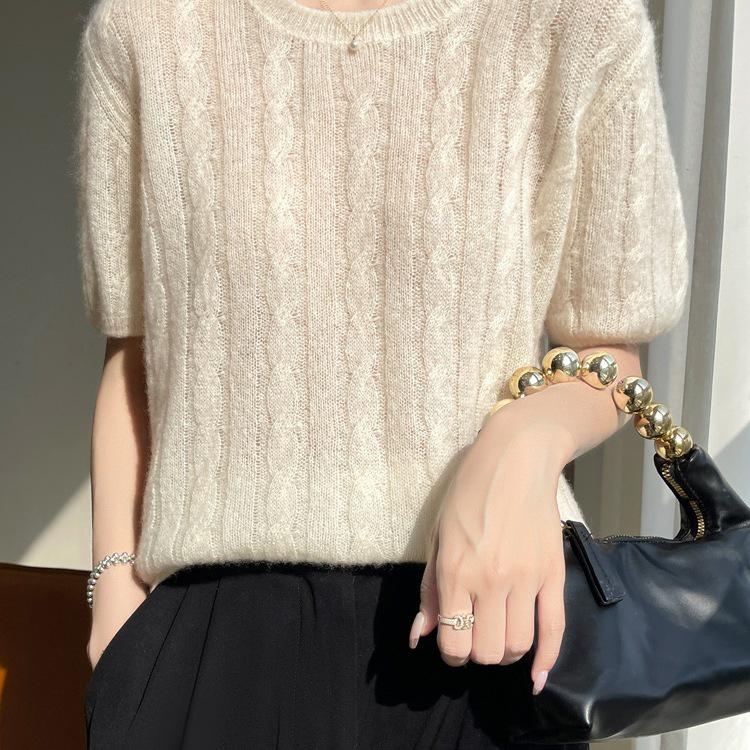 Women's 35% Cashmere Cable Knit Sweater, Round Neck, Short Sleeve, Commuter Style