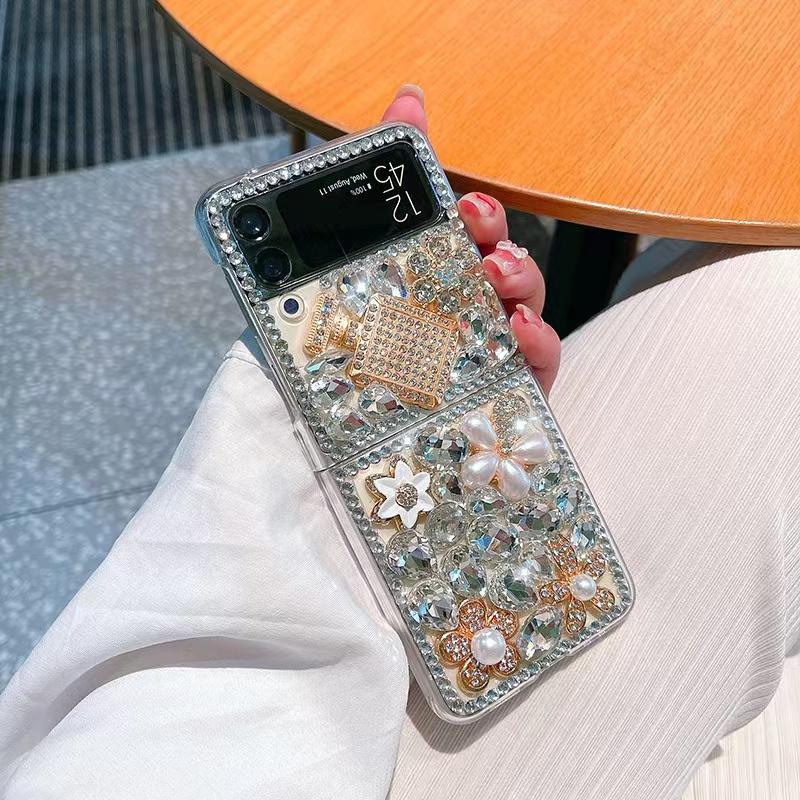 Luxury Bling Diamond Gem Bear Flower Glitter Phone Case For Samsung Galaxy Z Flip 4 5g Z Flip 3 Flip3 Zflip Case Cover