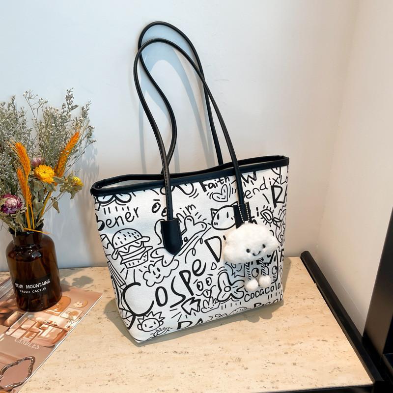 Street Fashion Graffiti Tote Bag For Women Pu And Fabric Blend Large Capacity Zip Closure Phone Pocket Daily Commute Essentials