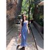 Kumikumi Casual Holiday Style Retro Blue Floral Sling Dress Women Summer Waist Hugging Slimming A- Line Skirt