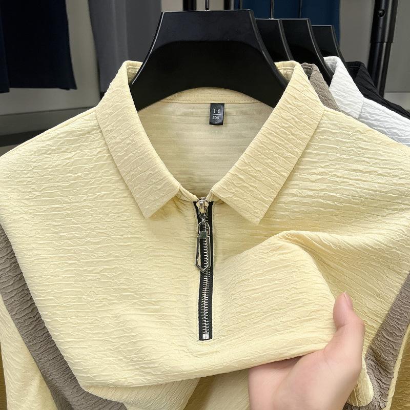 T-Shirt Men'S Lapel Short-Sleeved Polo Shirt Casual Zipper Medium And Green Loose Top