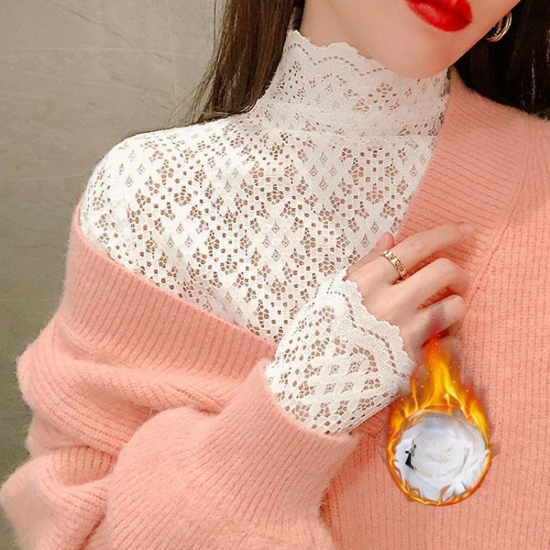 Toto je dámské tričko s matným krajkovým podkladem pro podzim a zimu, s nadýchanou vnitřní vrstvou a síťovaným šifonovým topem.. Je to stylový bílý tlustý top