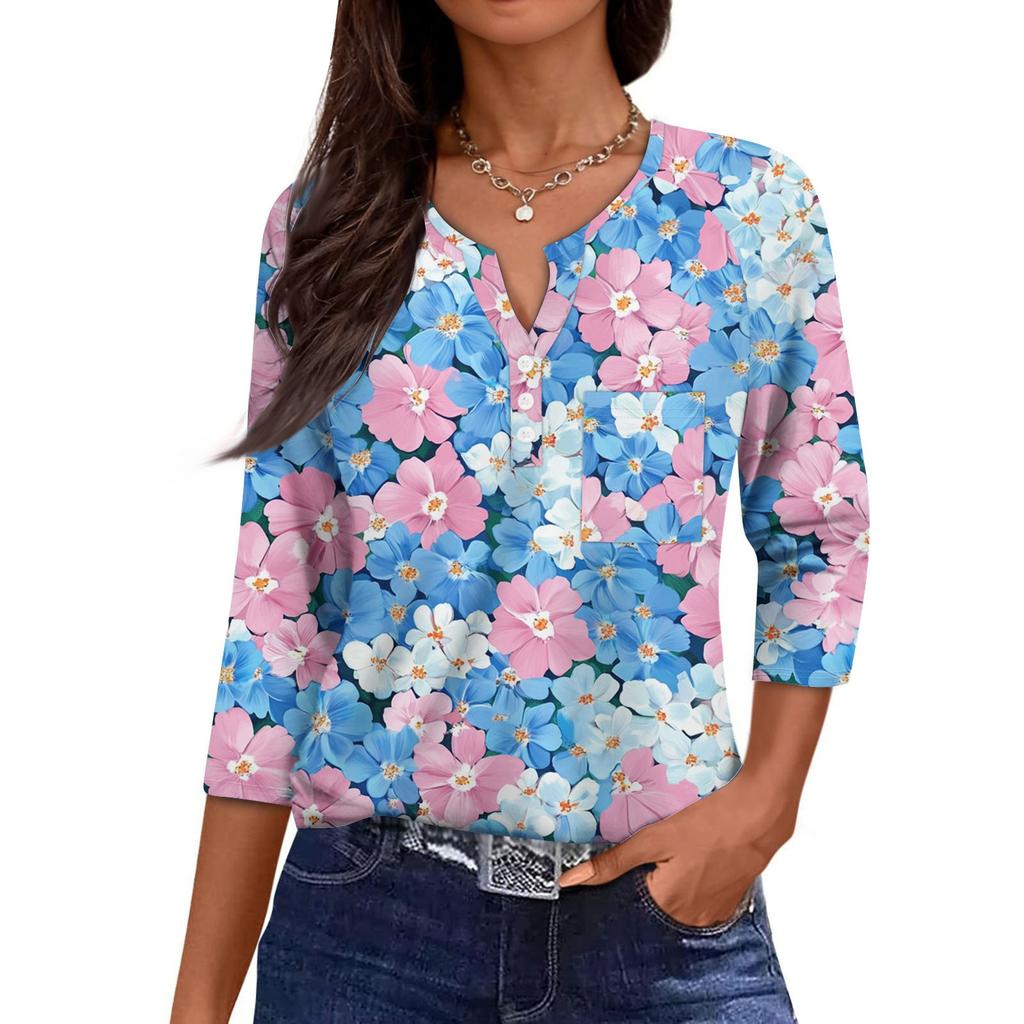 Damska Codzienna Modna Dekolt V Luźna Wszechstronna Kwiatowy Wzór Rękawy Trzyczwarte