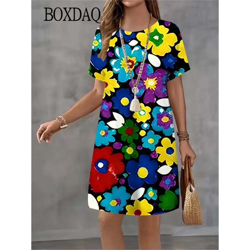 Fashion Versatile Flower Print Short Sleeve Dress Casual Comfort Daily Casual Dresses S