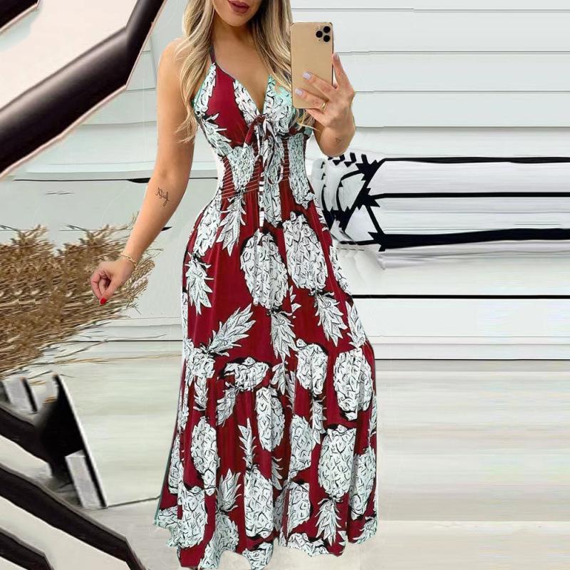 2025 Summer European & American Women's Printed Halter Strap High Waist Deep V Dress