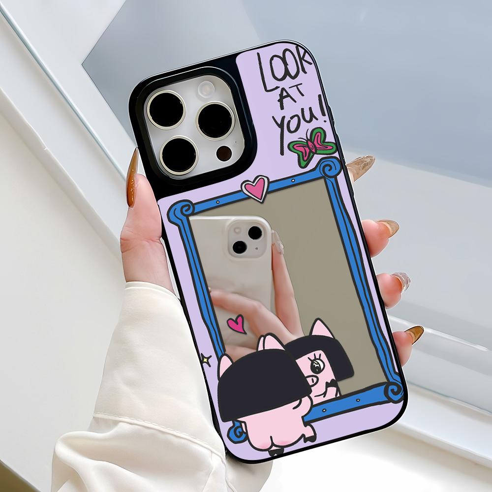 

Зеркальный чехол для телефона для iPhone 15 11 13 14 для 15 16 Pro Max 12 13 16 Pro Чехол для телефона в милом стиле с облаками, цветами и животными iPhone 16 чёрный