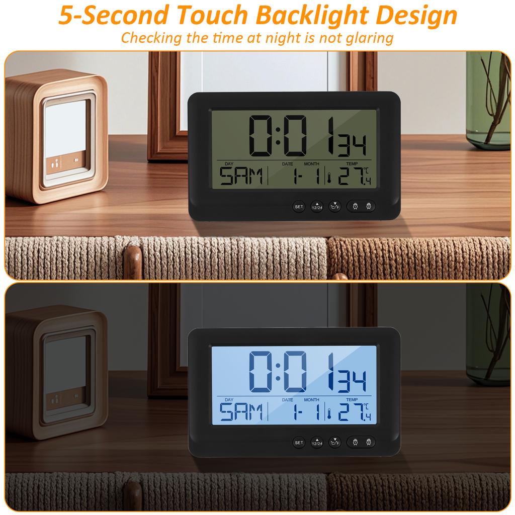ABS Digital Alarm Clock Multi Information Display LCD Electronic Clock Large Screen Digital Timepiece Backlight for Home Office