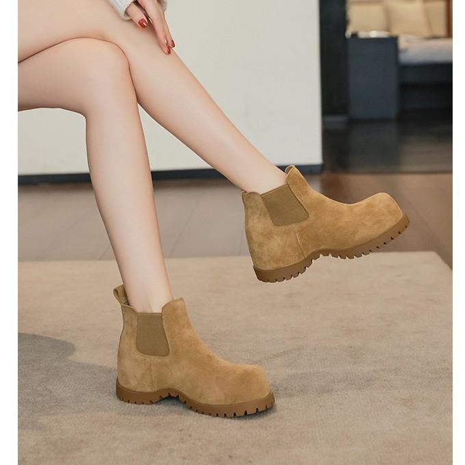 Vintage round head versatile invisible inner heightening Martin boots femininity spice thick-soled frosted Chelsea boots short boots