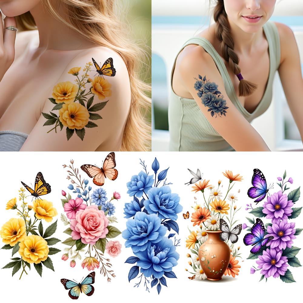 12pcs Temporary Tattoo Butterfly Design Waterproof Long-lasting Body Stickers Flower Illustrations Floral Patterns For Thighs