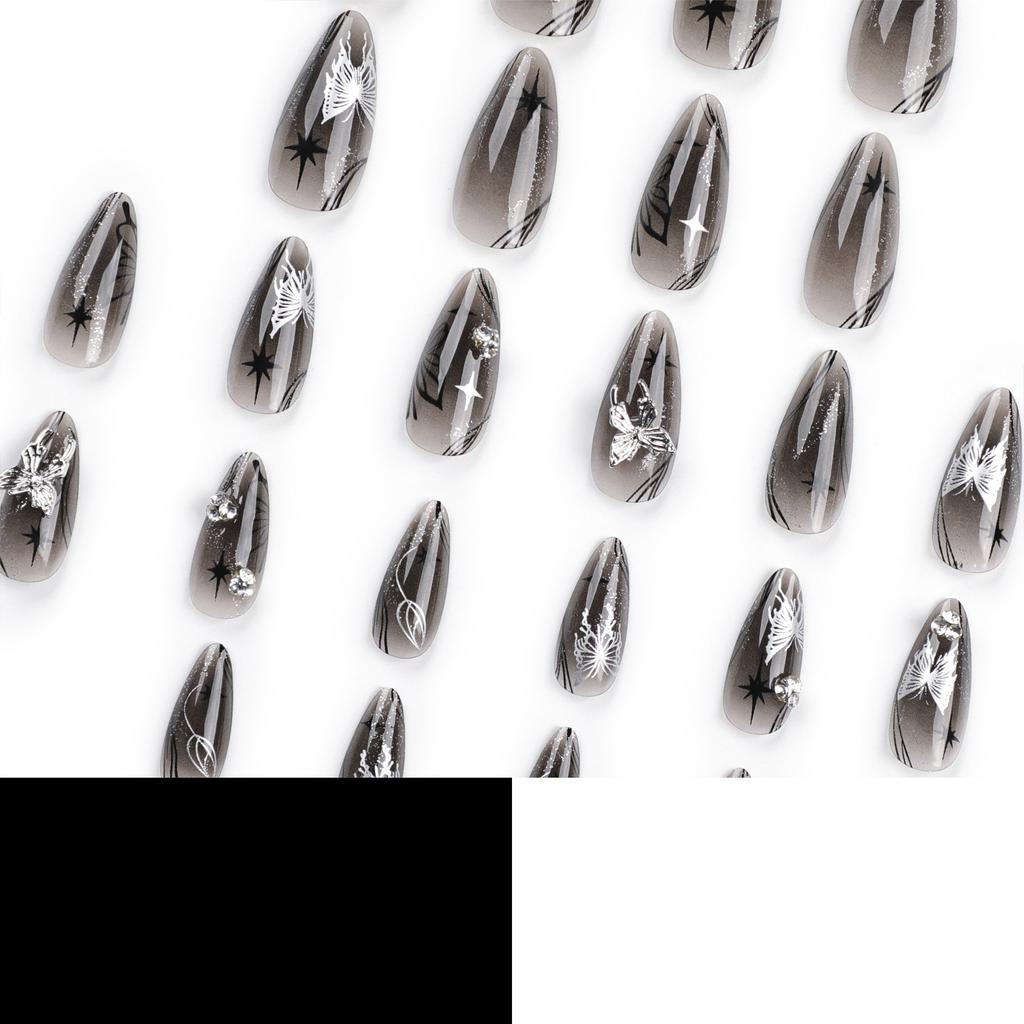 24 Pieces Ice Through Silver Bow Wearing Nail Black Cool Spicy Star Light Diamond Manicure Long Almond Nail Fake Nail Piece