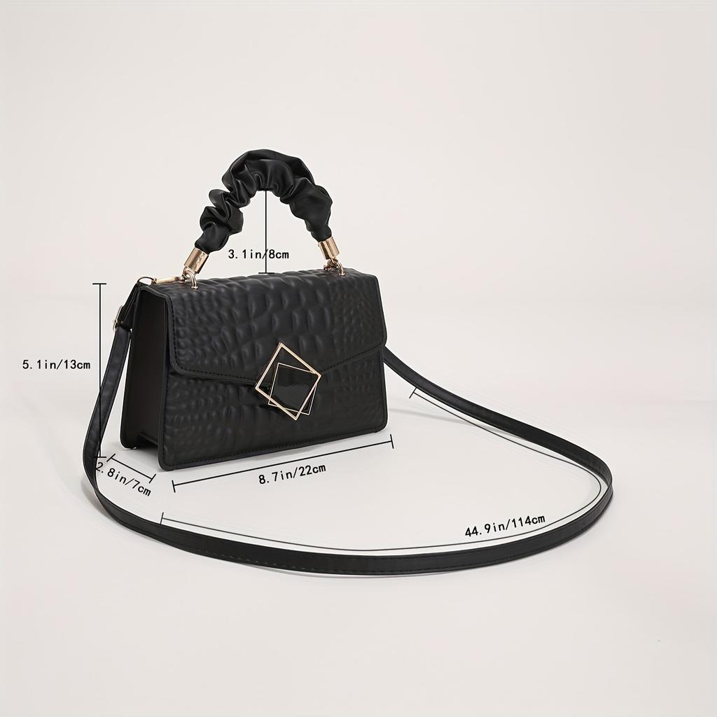 Trendy Crocodile Pattern Handbag, Top Ruched Handle Square Wallet for Women, Solid Color Textured Bag