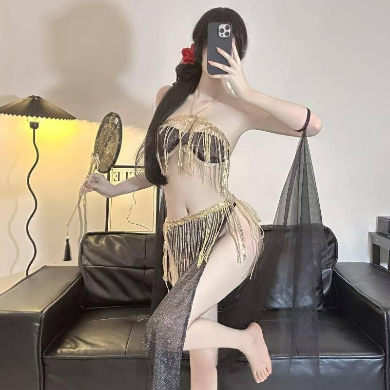 Antike Lingerie weiblich sexy Retro exotische Tänzerin Fransen Pailletten geschlitzt Schnürung Rock pure Lust Versuchung Transparenz