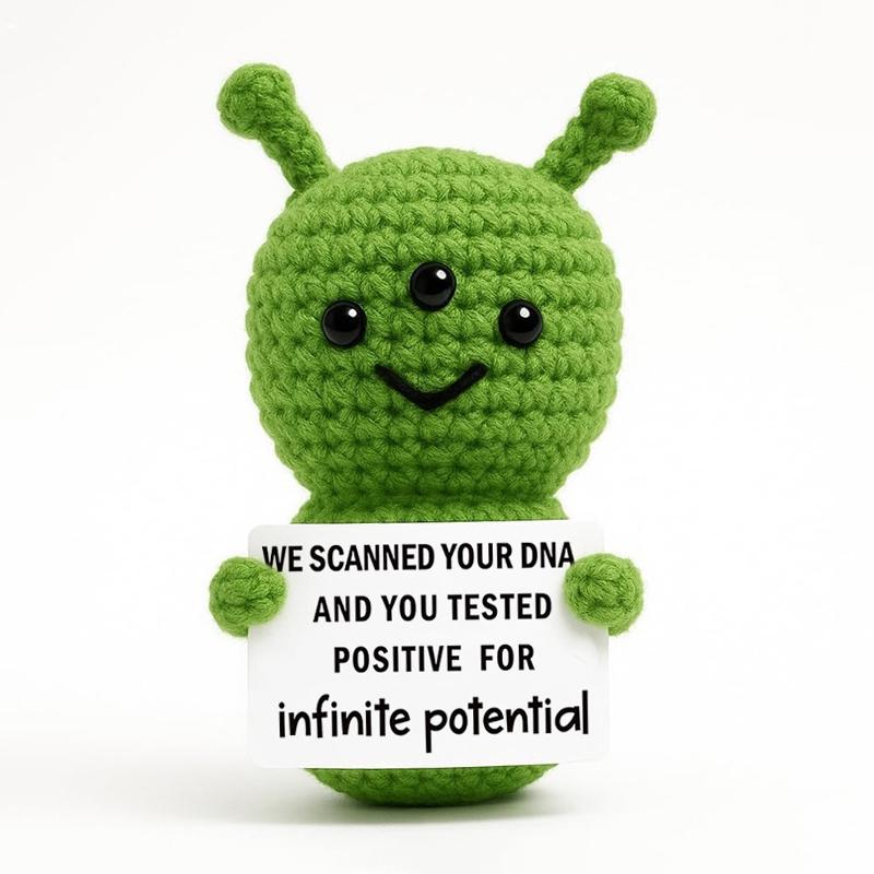 Funny Alien Crochet Doll With Cards Positive Energy Crocheted Earth Desktop Ornament Handmade Knitted Cow Doll  Home Room Decor