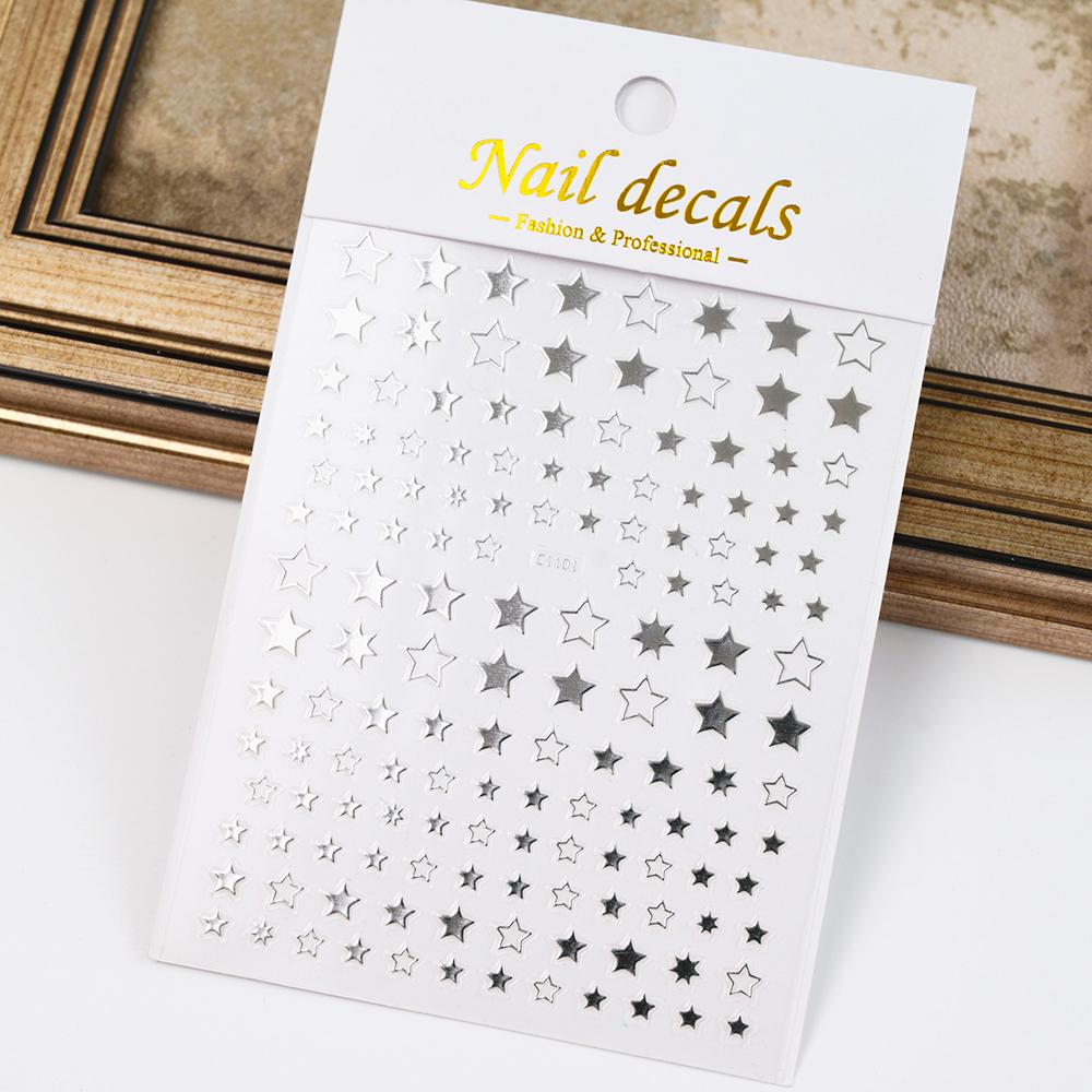 Black White Star 3D Nail Art Sticker Y2K Pentagram Self-Adhesive Decals Laser Shiny Glitters Starlight Manicure Ornaments Slider