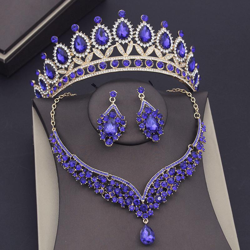 Wunderschöne Kristall Hochzeitskleid Krone Braut Halskette Sets für Frauen Brautschmuck Set Ohrringe Party Tiaras Schmucksets