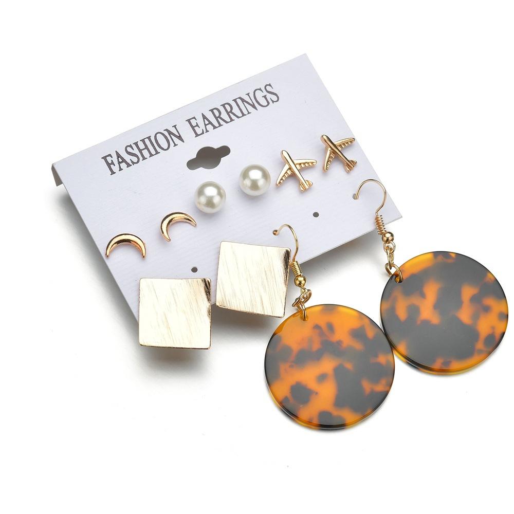 

5 Pairs Fashion Acrylic Metal Statement Earrings Set Rhombus Aircraft Moon Round Drop Dangle Earrings for Women Fashion Zircon
