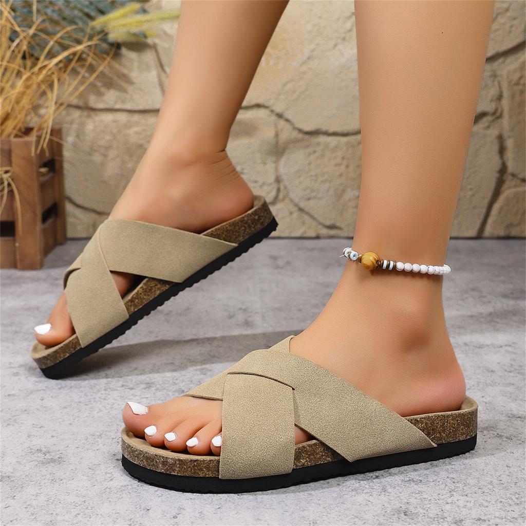 Damen Übergröße Bequeme Zehentrenner Sandalen mit Kreuzriemen Offene Zehenpartie Zum Hineinschlüpfen Sommerschuhe mit Kork-Fußbett und rutschfester Sohle