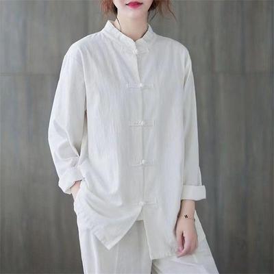 Camicie casual vintage in cotone e lino da donna, stile cinese, vintage, tinta unita, larghe, a maniche lunghe