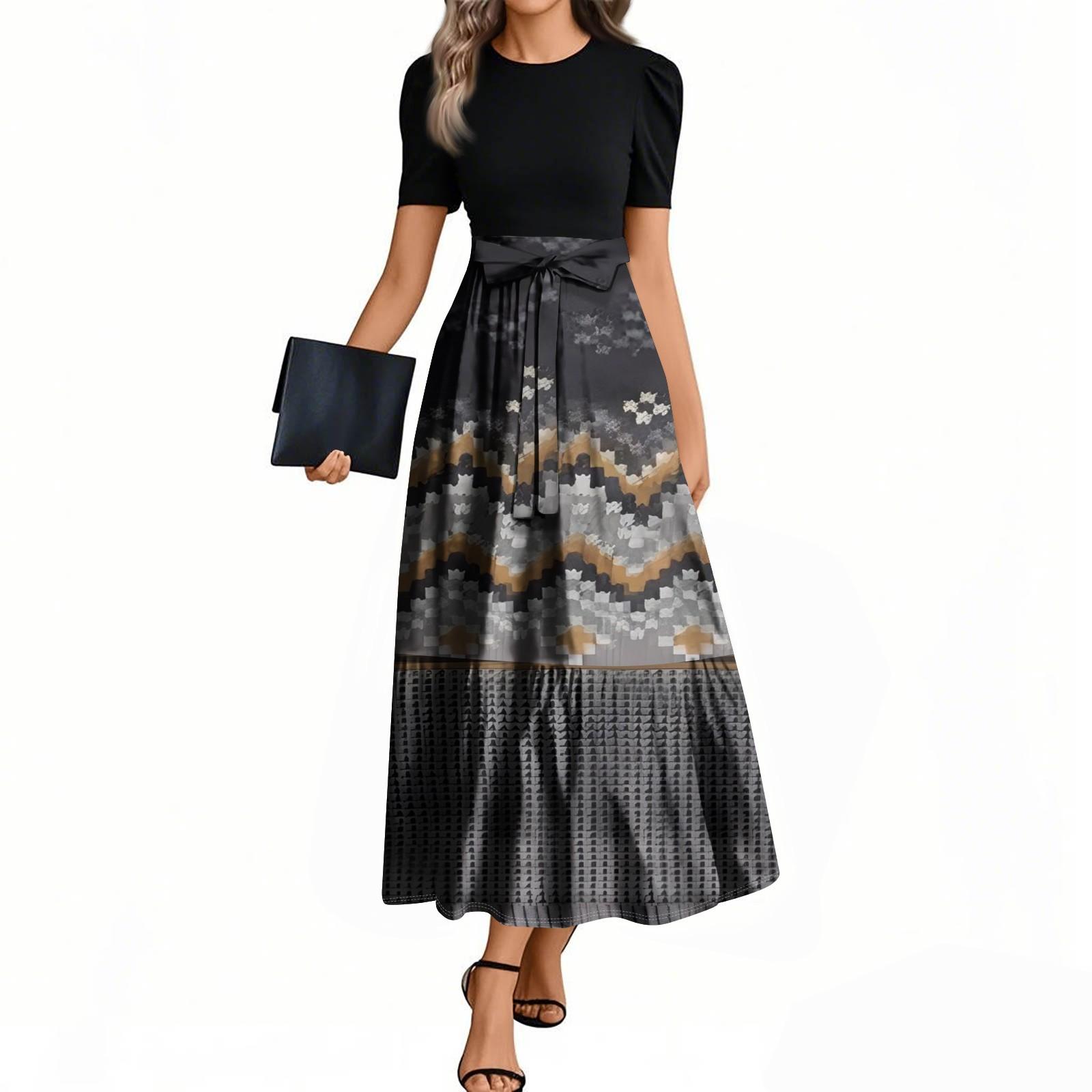 

Женские модные повседневные платья с поясом, коротким рукавом, круглым вырезом, геометрическим узором, элегантные платья с темпераментом XXL чёрный