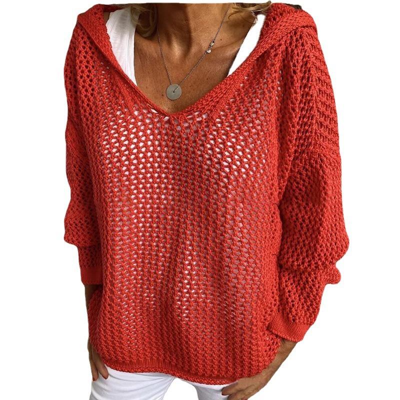 Yellow Loose V Neck Hooded Mesh Knit Top