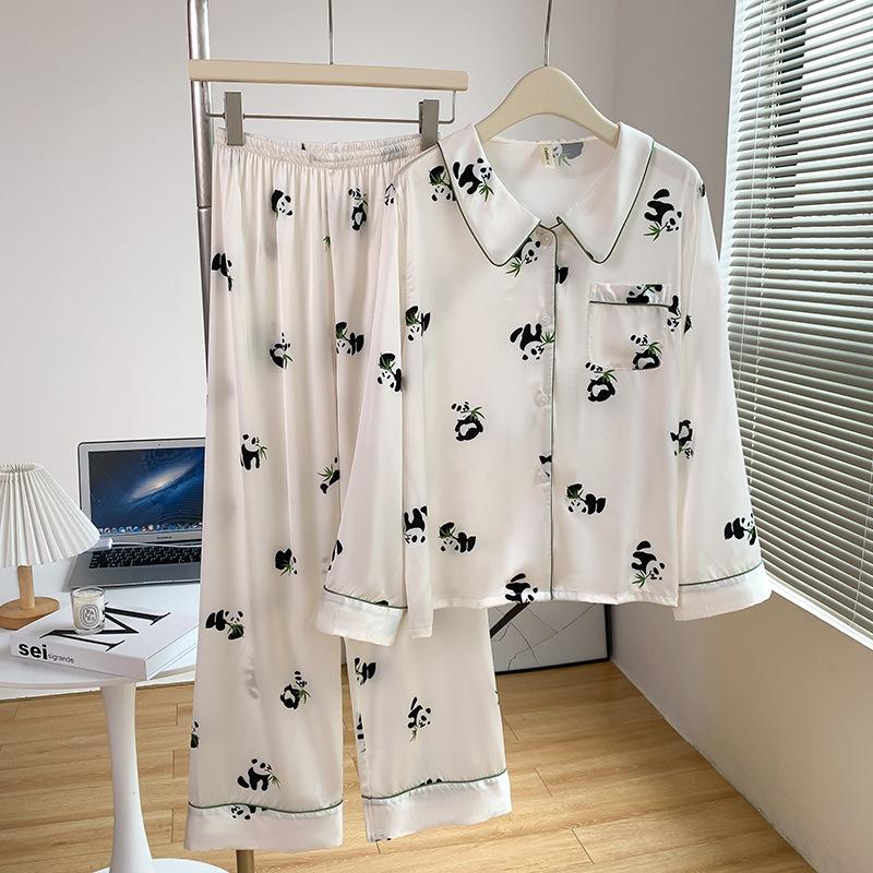 Spring and Summer Fashion Printed Ice Silk Pajamas Suit Women's Casual Wear Loose Satin Home Service Suit