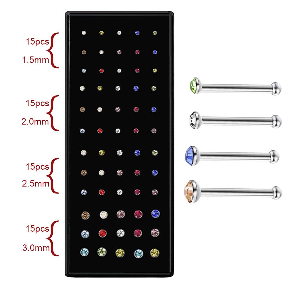 60 Stainless Steel L-Shaped Nose Studs (1.5/2.0/2.5mm) with Diamond Inlay Curve Nose Rings