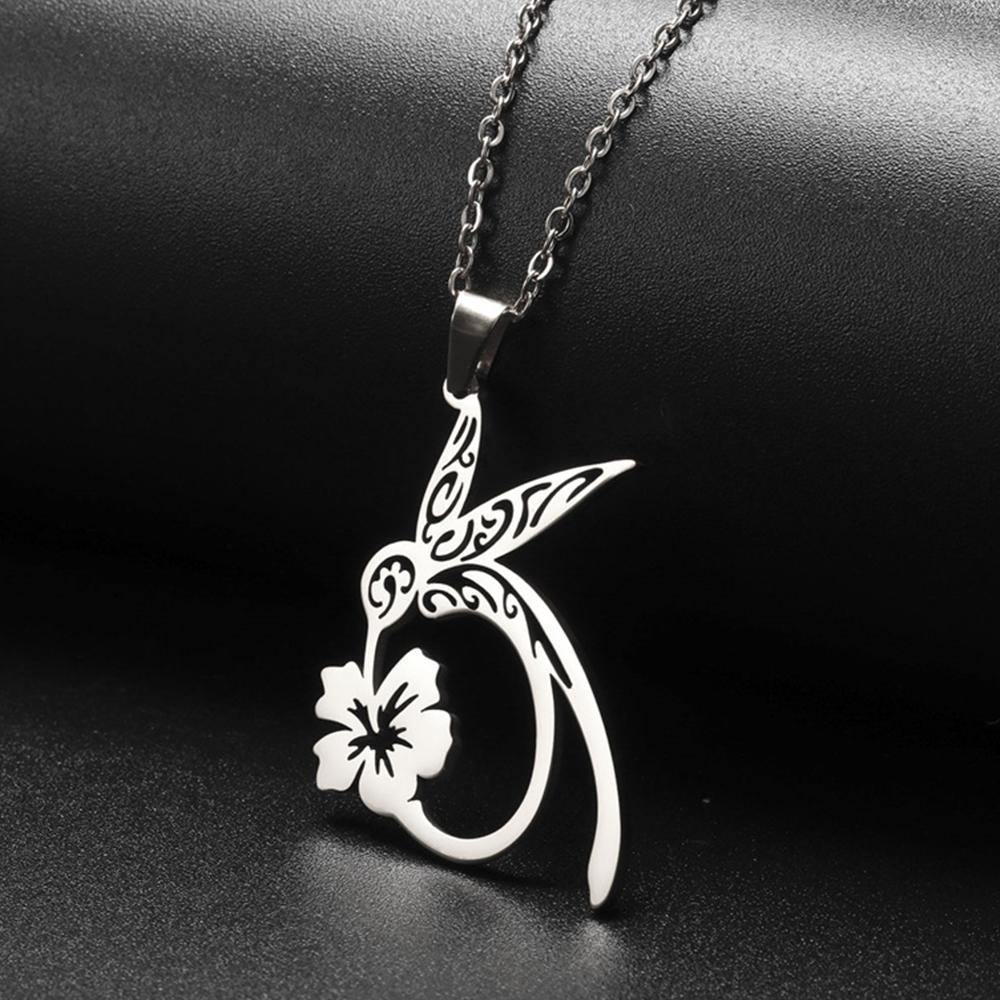 My Shape Hummingbird Flower Pendant Necklaces for Women Girls Bird Floral Stainless Steel Chain Choker Fashion Jewelry Gifts