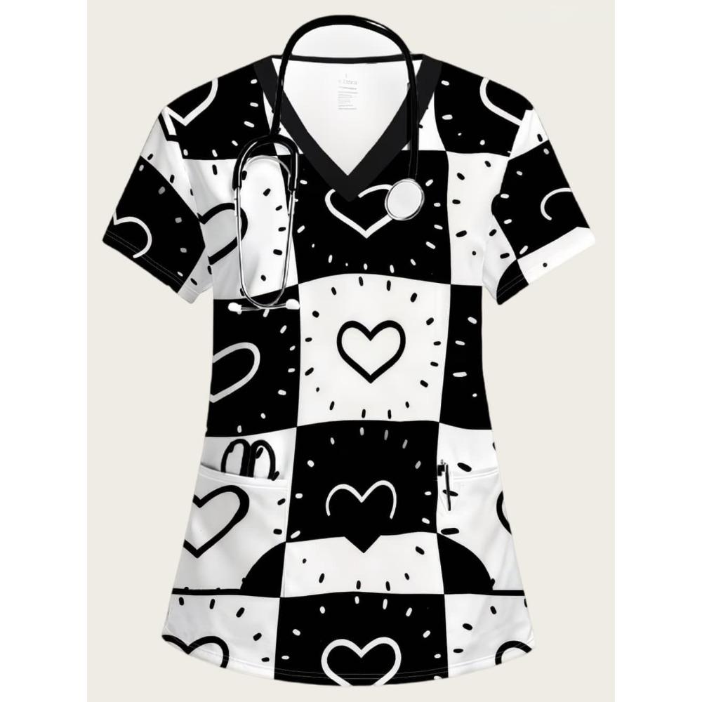 Nursing Uniform Woman Comfortable Dentist Vet V-Neck Short Sleeve Women Scrub Fashion Heart Pattern Print Clinical Uniform Woman