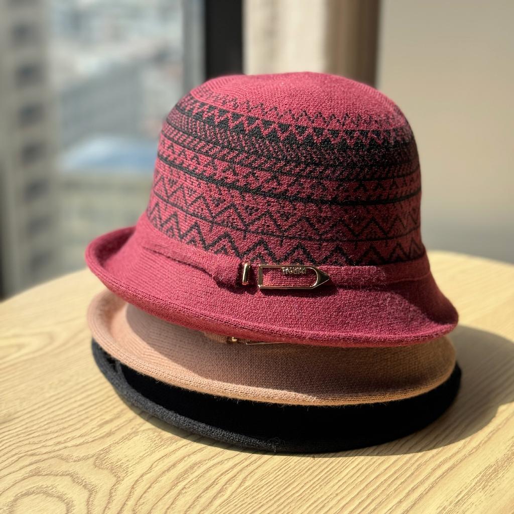 New Hat Women's Autumn and Winter Knitted Hat French Rolled Edge Fisherman Hat Fashionable Metal Buckle Style Basin Hat Trendy