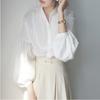 French Retro Dark Vertical Stripe Pit Pleated Small Stand-up Collar Loose Fashionable Literary Lantern Sleeve Cotton Shirt