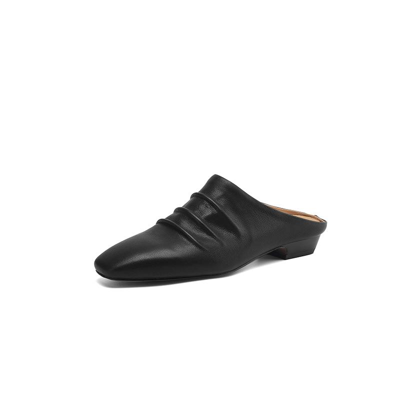 Fashion 2025 New Fashion Genuine Leather Slipers Women Covered Toe Low Heel Square Toe Soft Mules Female Summer Comfort Casual Slides