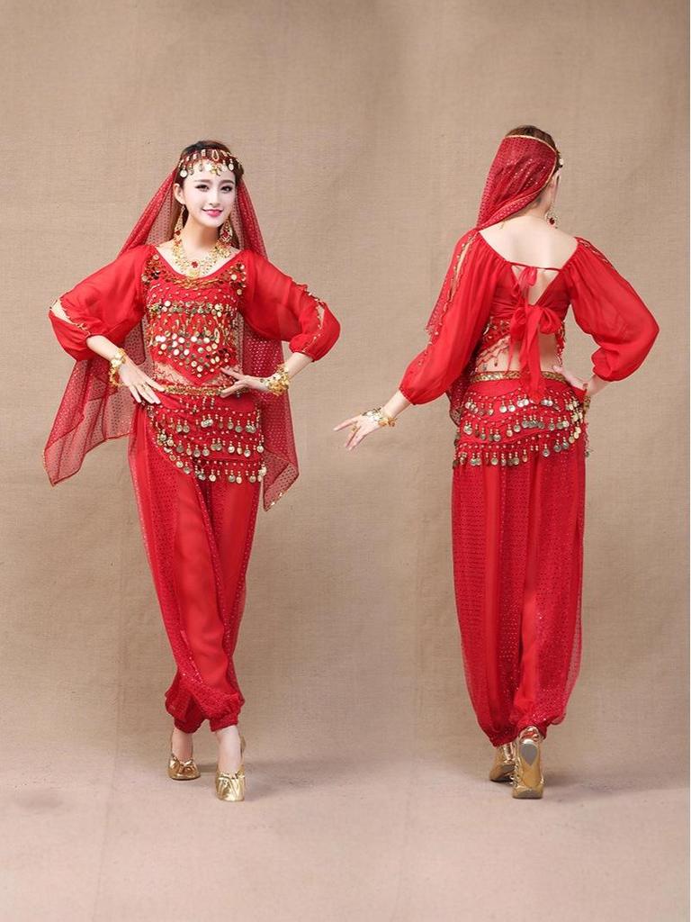 Dámský etnický kostým pro břišní tanec - Set topu s dlouhým rukávem a kalhot