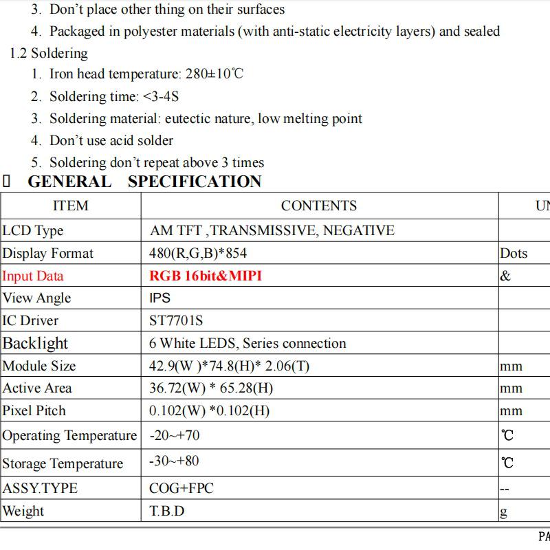 3-inch 480x854 HD TFT LCD Display RGB/MIPI 40-pin 16:9 Instrument Color Screen