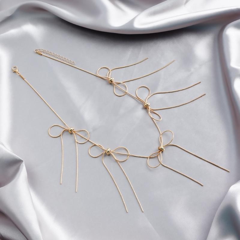 Delicate Tassels Bowknot Necklace for Women Snake Chain Sweater Choker Temperament Clavicle Chain Handmade Jewelry Gift