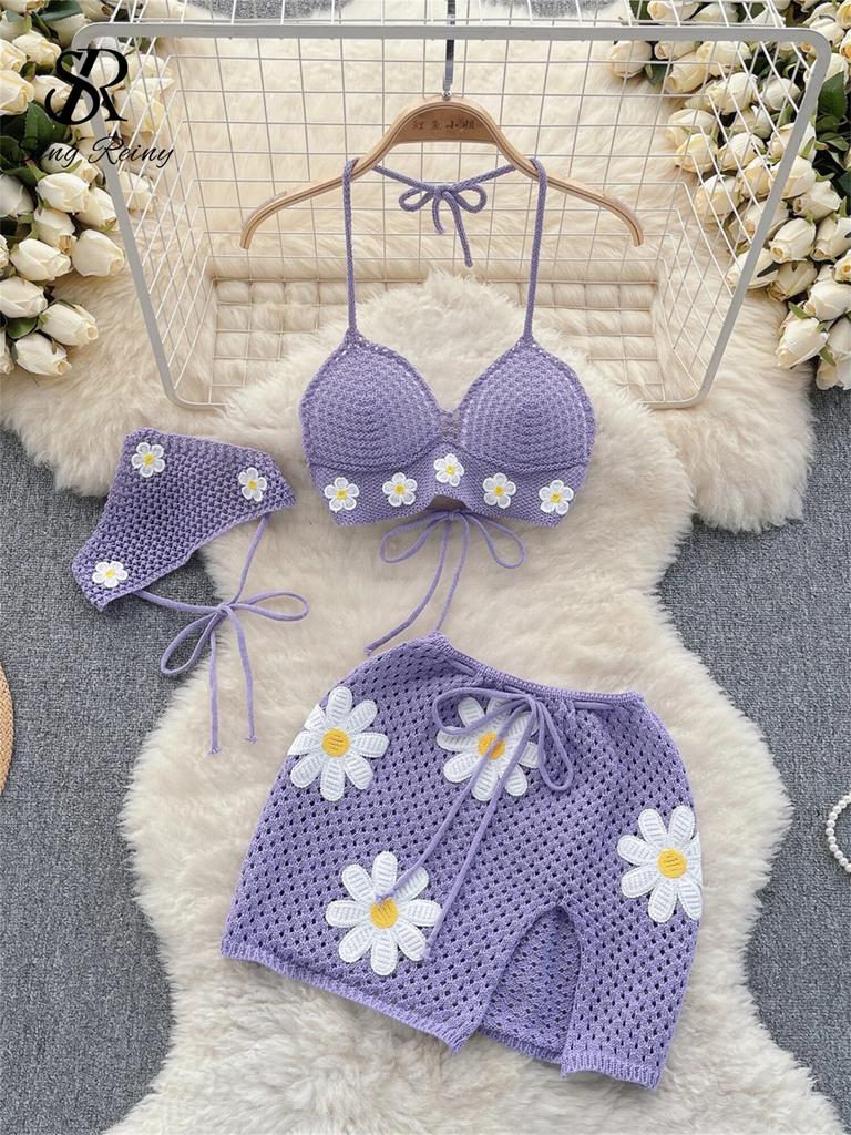 Korean Hollow Out Knitted Suits Women Halter Lace Up Bow Backless Tank Top+Drawstring Split Mini Skirt Two Pieces Sets