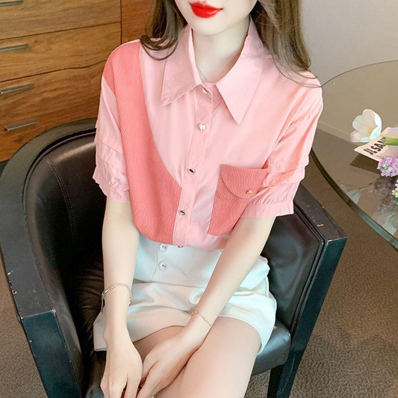 Color Block Shirt for Women Short-sleeved 2025 New Summer Fashionable Fashionable Design Niche Chiffon Top