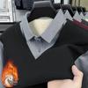 Men's 2025 Winter Long-Sleeve Faux Two-Piece Hoodie with Shirt Collar and Velvet Layer