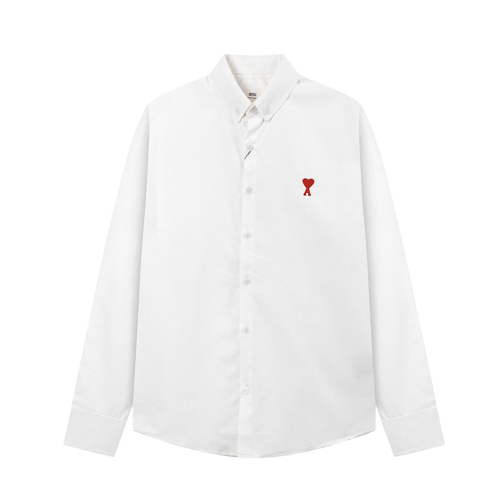 Classic Spring and Autumn Red Heart Embroidered Casual Cotton Solid Color Long Sleeve Shirt On the Chest