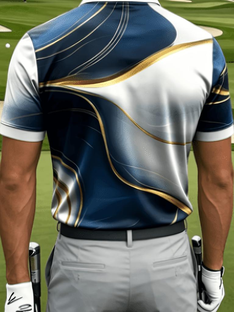 Men's Casual Sport Short Sleeve T-Shirt with Iridescent Stripes and Golf Pattern Print, Breathable Regular Fit, Suitable for Daily Casual and