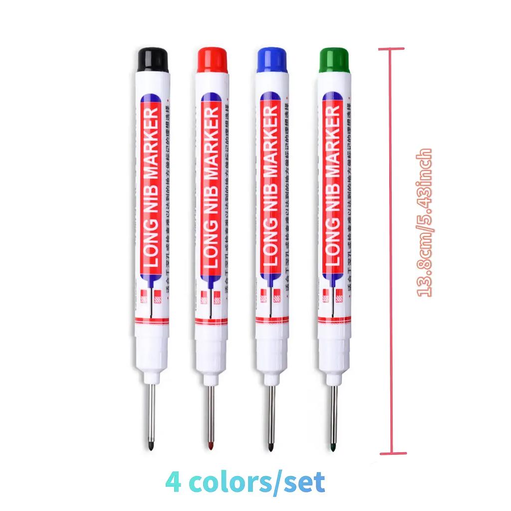 4pcs Long-Tip Permanent Marker Pens Set – Precision Marking Tools for Woodworking, Metalworking, and DIY Projects - Waterproof