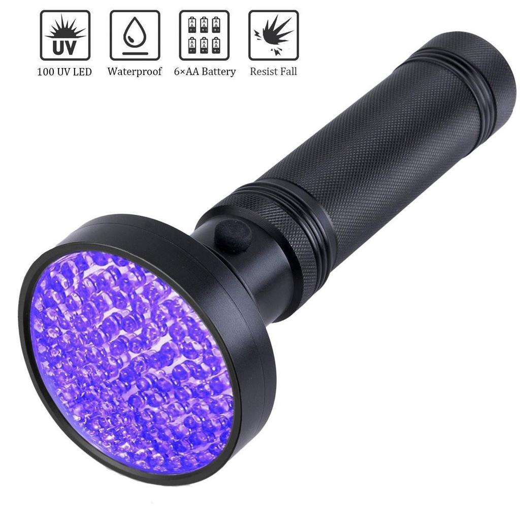 100 LED UV Purple Flashlight for Fluorescent Detection, Ultraviolet Disinfection, Anti-Counterfeiting, and Scorpion Detection.