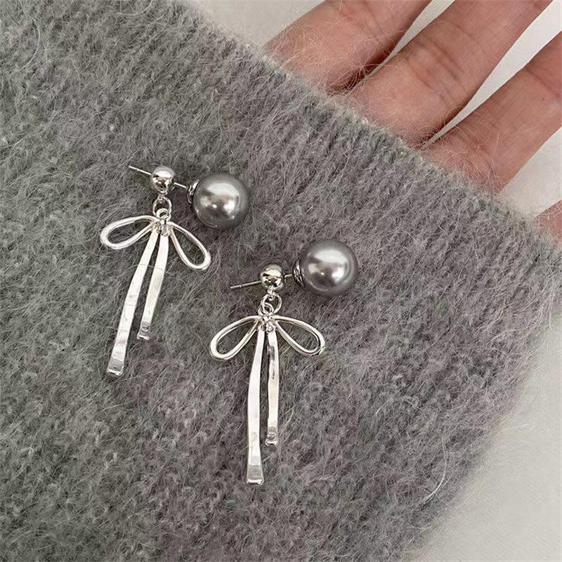 Pearls Bowknot Gray Tie Pendant Earrings Necklace for Women Girls Graceful Butterfly Choker Chain  Gift Accessories Gifts