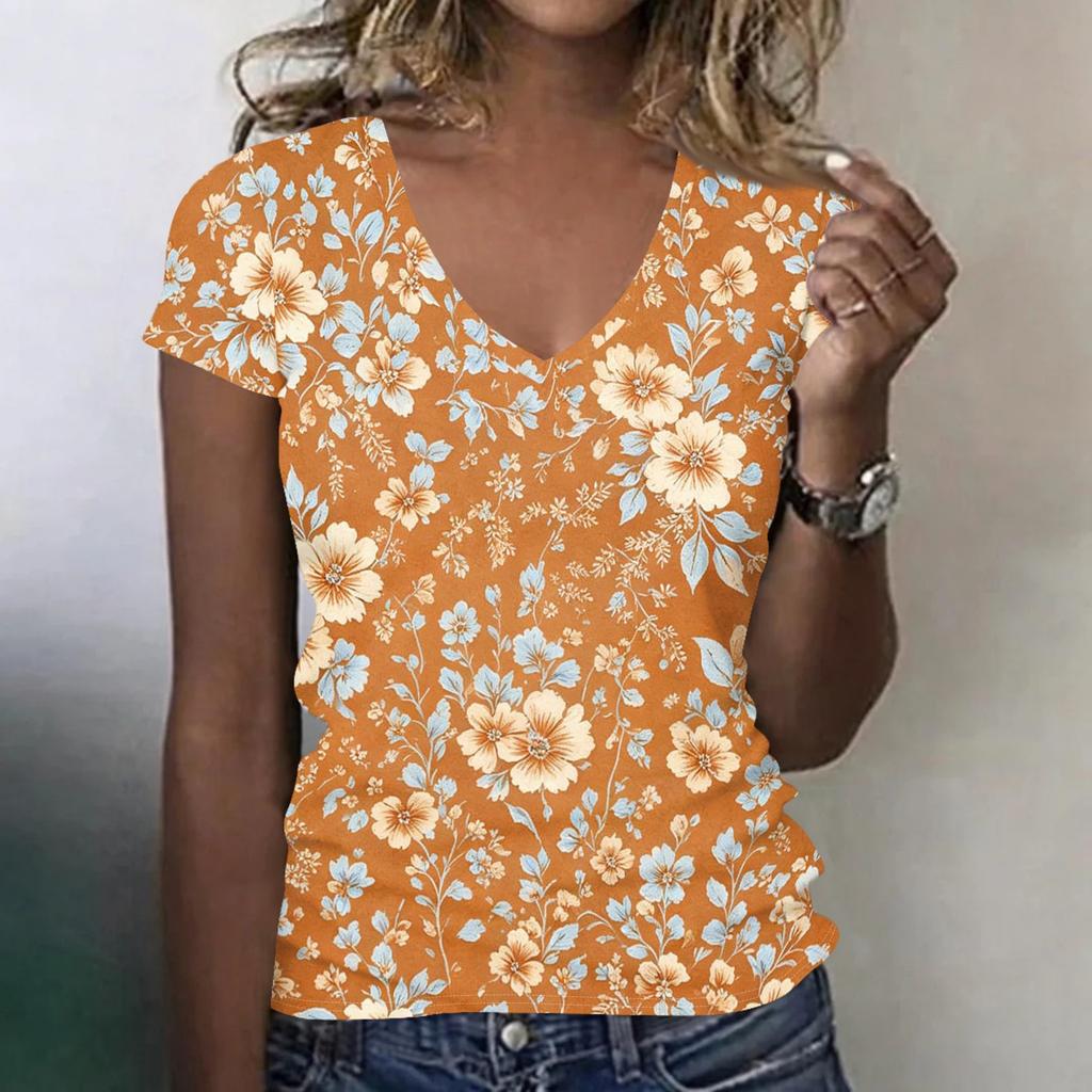 Damen V-Ausschnitt Kurzarm T-Shirt Blumendruck Lässig Lockerer Schnitt Leichtes Bequemes Oberteil für den täglichen Gebrauch