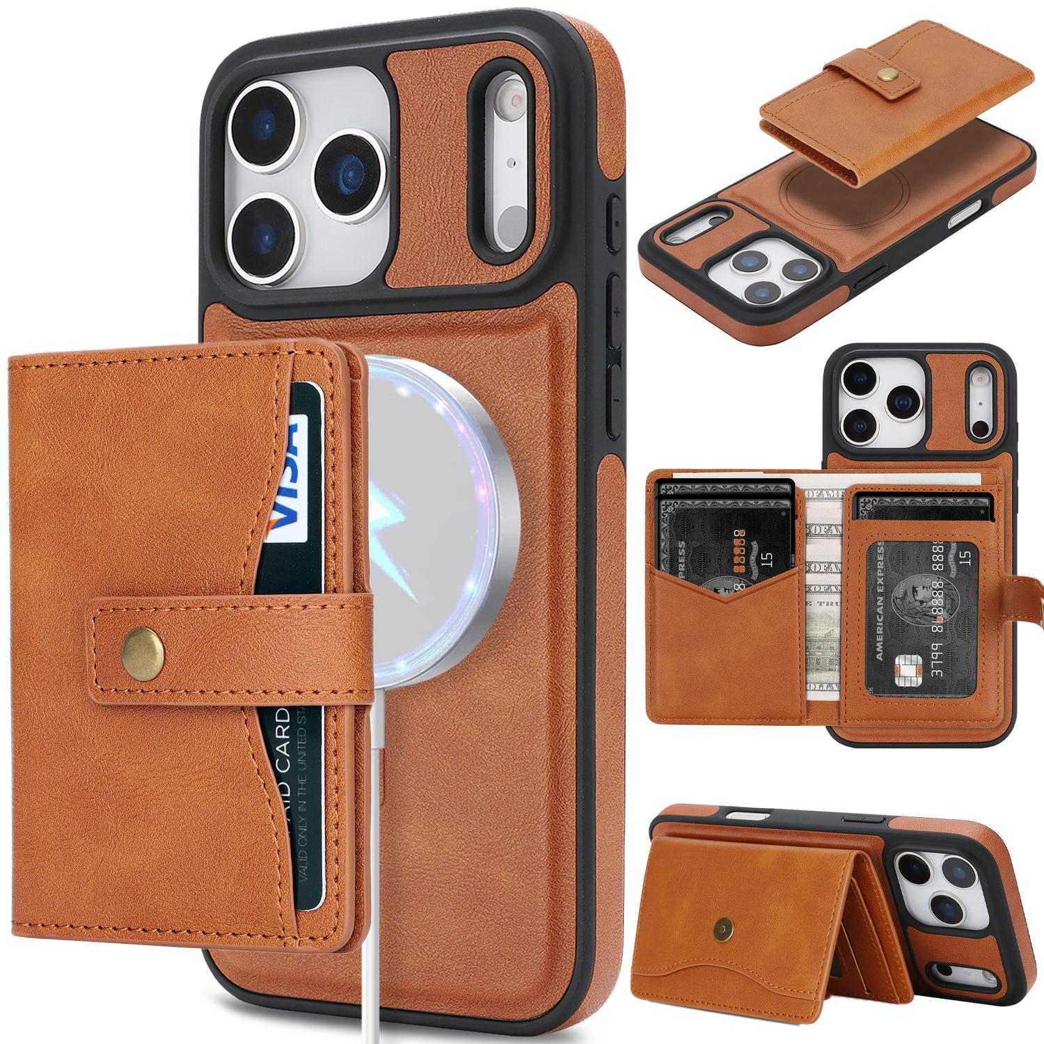 

2 in 1 Magnetic Leather Cards Solt Wallet Case For iPhone 17 Pro Max 16 Plus 15 14 13 12 kickstand For Magsafe Shockproof Cover iPhone 15 Pro Max світло-коричневого кольору