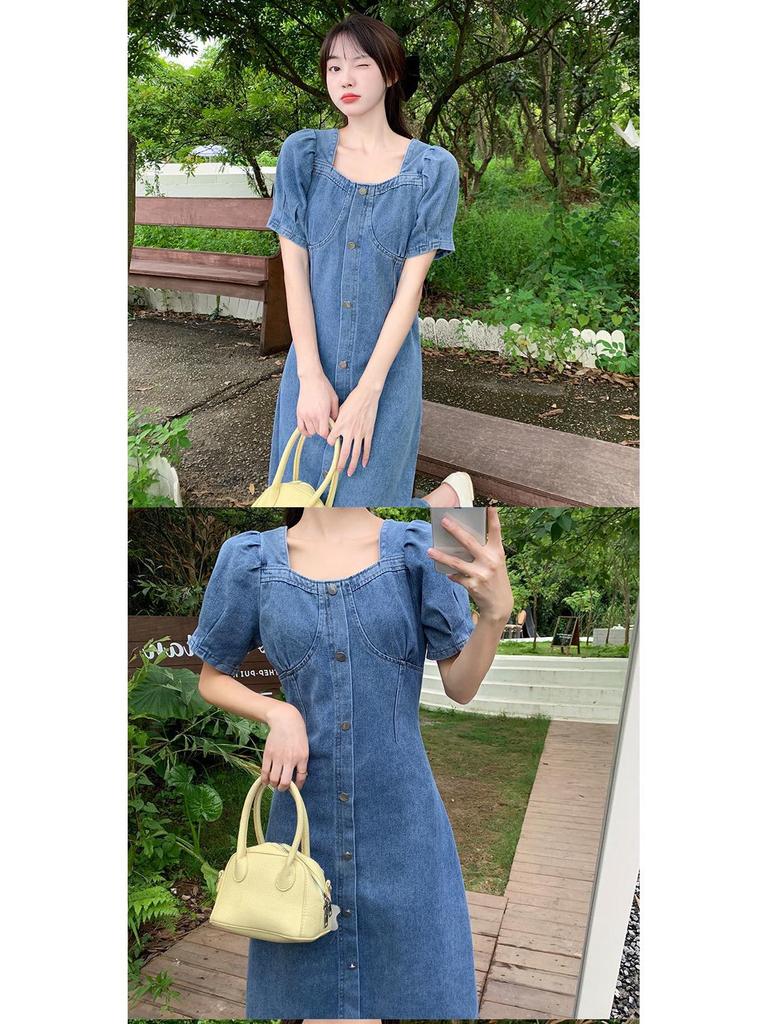Women's Summer Bubble Sleeve Denim Dress - Age-Defying, Waist-Cinching, Slimming, Large Size.