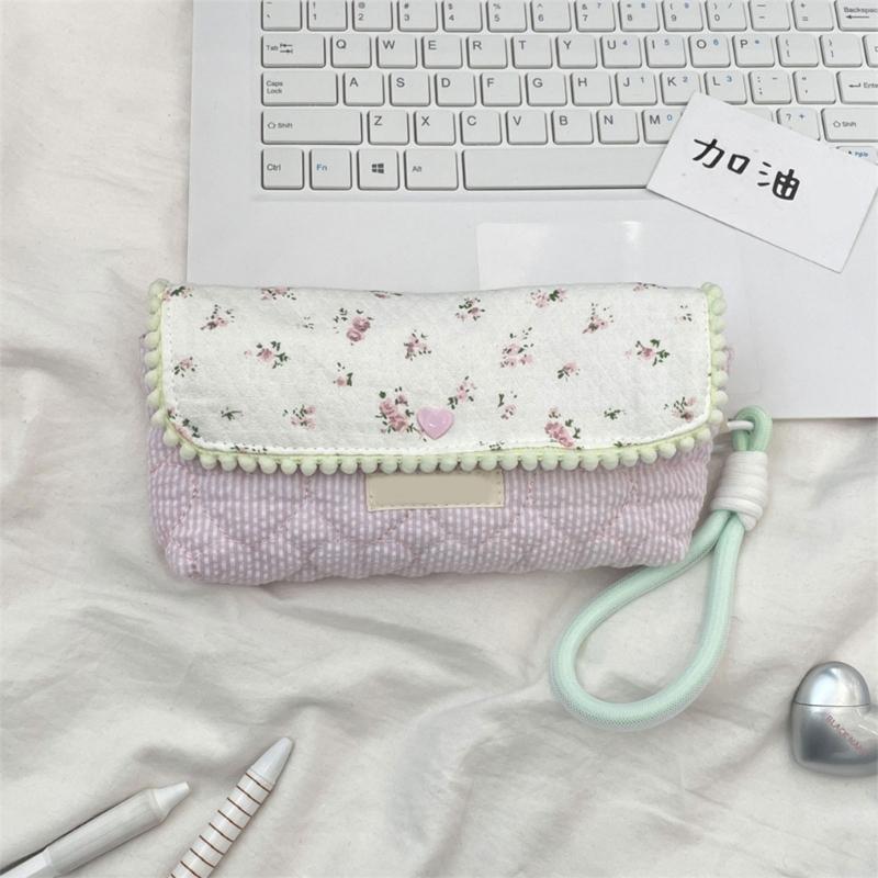 Flower Print Pen Bag with Lanyard Large Capacity Pencil Case Pen Organizers Pencil Pouches Travel Makeup Bag for Women