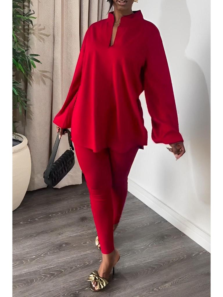 Elegant Two-Piece Set: V-Neck Split Top & Solid Color Skinny Pants