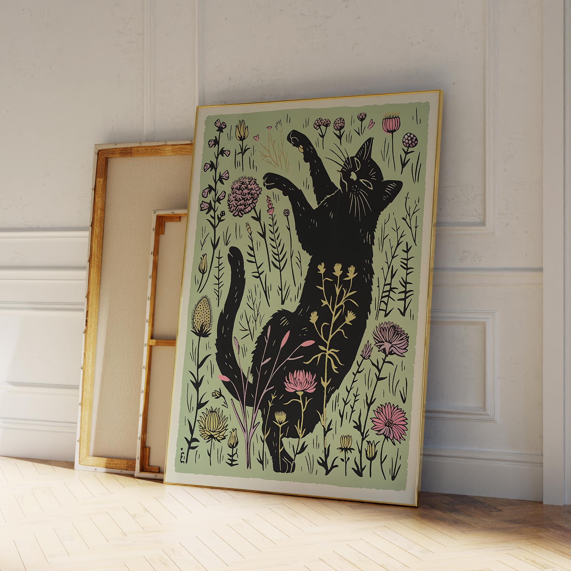 Modern Cute Black Cat With Flowers Lllustration Wall Art Prints Canvas Painting Poster Picture For Living Room Home Decor 21X30CMNo Framed